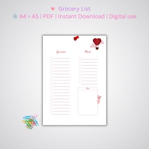 Grocery List and Meal Planner PDF | Aesthetic Printable A4 A5 | Digital Meal Planning Sheet for Weekly Shopping & Meal Prep