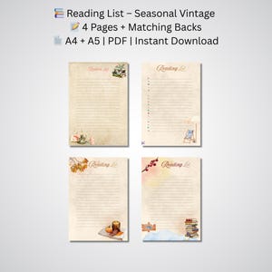 Może przedstawiać: Cztery szablony list czytelniczych w stylu vintage z motywami sezonowymi. Każda strona zawiera linie na notatki i akwarelowe ilustracje. U góry widnieje napis "Reading List - Seasonal Vintage". Dostępne w formatach A4 i A5 jako plik PDF.