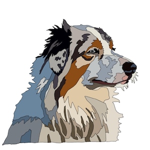 May include: A digital illustration of an Australian Shepherd dog's head and shoulders. The dog's fur is depicted in shades of blue, brown, black, and tan, with a white background. The dog is facing right.