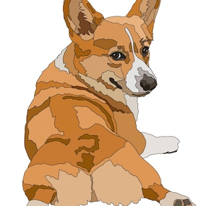 Może przedstawiać: Cyfrowa ilustracja psa rasy corgi na białym tle. Pies jest przedstawiony od tyłu, z pomarańczowym, brązowym i białym futrem. Grafika wykorzystuje szczegółowe linie do zdefiniowania kształtu psa. Corgi leży i patrzy przez ramię.