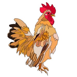Pode incluir: Uma ilustração de desenho animado de um galo com crista e barbela vermelhas. O galo é marrom e laranja com marcas pretas. O galo está olhando para a direita e tem as penas da cauda abertas.