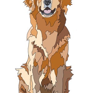 May include: A golden retriever dog sitting with its tongue out, looking up and to the right. The dog has a light brown coat with darker brown patches.