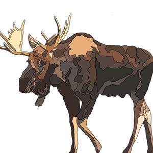 May include: A stylized illustration of a moose in shades of brown, tan, and beige. The moose is depicted in a side profile, showcasing its large antlers and distinctive features. The artwork has a flat, graphic style, suitable for wall art or home decor.