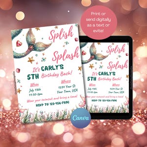 Editable Mermaid Birthday Invitation for Girls Under The Sea Party Pink Aqua Gold Printable Digital Invitation Download White background