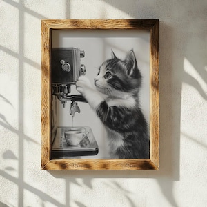 Barista Kitten Printable Wall Art | Cute Cat Coffee Print | Aesthetic Digital Download | Black and White Cat Art | Cozy Cafe Decor
