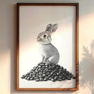 Coffee Bunny Printable Wall Art | Rabbit Coffee Beans Print | Aesthetic Digital Download | Black and White Animal Poster | Kitchen Wall Art