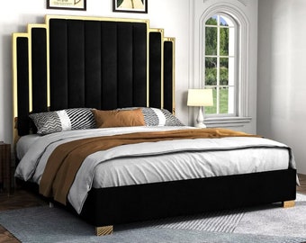 Bed Frame, 61.4" Velvet Upholstered Bed with Gold Accent Headboard, Wood Slats, Queen Platform Bed