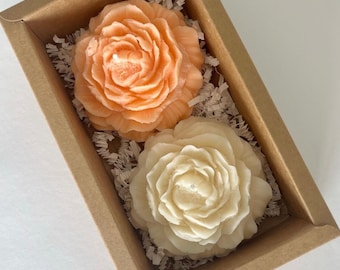 Exquisite Peony Bloom Set of 2: Handcrafted Organic Soy Wax Candles for Mothers Day in beautiful gift box with sweet vanilla fragrance