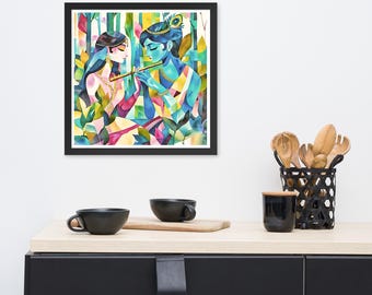 Radha Krishna Abstract Digital Watercolor Art – Framed Print Wall Decor