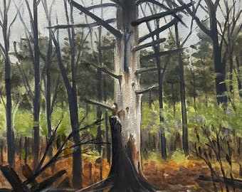 Original Oil Impressionist Painting, Tree, Bird, New England Forest Landscape