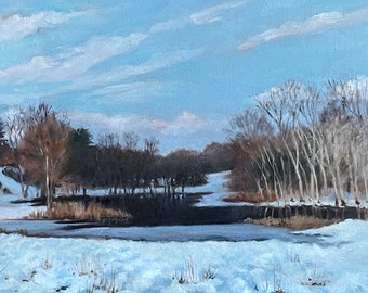 Original Oil Painting, Snowy Field, Icy pond