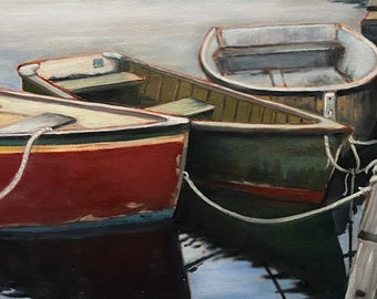 Boats at Dock, Painting in Oil New England Marina 15" x 11"