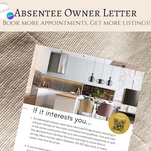 May include: A white and beige kitchen with a modern design. The text "If it interests you..." is written in black on a white background. The text continues with a bullet point list describing the benefits of working with an absentee owner. A QR code is in the lower right corner of the image.