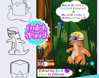 Atividades bilíngues em espanhol para crianças, páginas para colorir de esportes para imprimir, trace palavras em espanhol e inglês, paintball, desenhos de comida e animais.