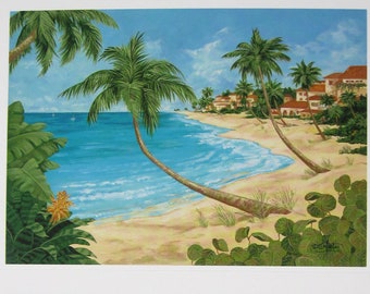 Palm Shores set of 2- 16x20 Palm Trees shore beach water boat sand scenic Beachscape