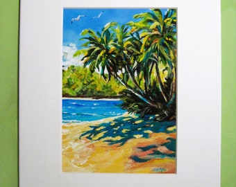 PALM SHORES Seagulls Palm Trees Shoreline Sandy Beach Tropical Paradise PRINT 5x7 inches mounted in 8x10 Mat