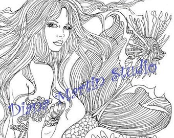 Digital download Printable Mermaid title ROYALTY lionfish digi print reusable coloring book crafts cards