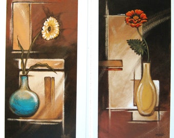 ABstraCT Floral Pair small 4x8 inch each Lithograph prints 2 in set Title SOLItARY PaiR flowers earthtones  Diana Martin