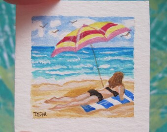 Original Tiny Art Beach Scenes Sunbather Umbrella Girl Waves Ocean 2 inches Mini T9 Acrylic Artwork each different Not Prints