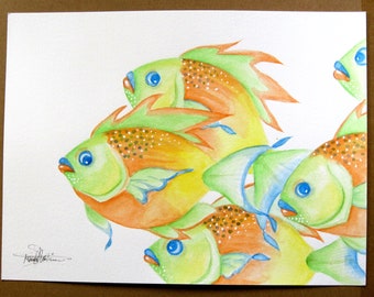 SALE PRICE  Whimsical Fantasy Ocean Fish Original Coastal Art Painting Watercolor Paper childrens gift Title: GRoUpIEs 9x12