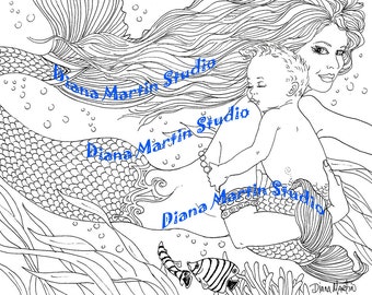 Swim Gently Digital Download Mermaid baby fantasy crafts coloring greeting card coloring book Printable art projects