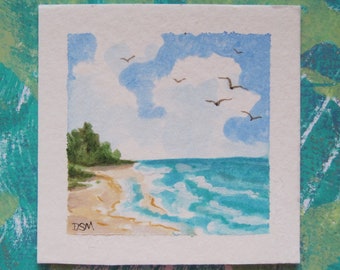 Original Tiny Art Beach Shoreline Trees Scenes Waves Ocean 2 inches Mini T6 Acrylic Artwork each different Not Prints