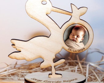 Stork photo frame. Baby birth announcement with photo. Handmade wood.