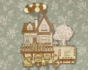 Personalized family key holder inspired by the Disney movie Up. Wall-mounted key rack. Handmade from wood.