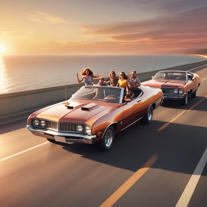 May include: A group of friends drives down a highway in a vintage convertible car with the top down. The car is brown and has a white interior. The friends are smiling and laughing as they enjoy the ride. The sunset is in the background.