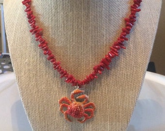 15inch choker with crab pendant and coral