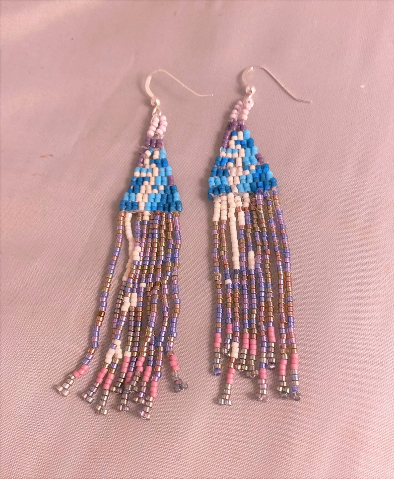 Waterfall bead woven boho earrings with long fringe PRICE REDUCTION image 1