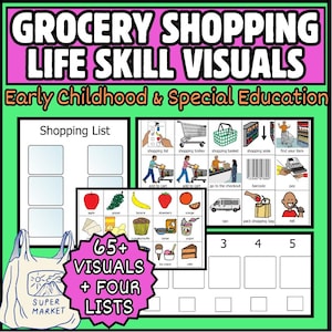 May include: A colourful visual aid for teaching grocery shopping skills to young children. The image includes a shopping list, a shopping trolley, a shopping basket, a shopping aisle, a barcode, a bag of groceries, and a van. The text "65+ Visuals + Four Lists" is also included.