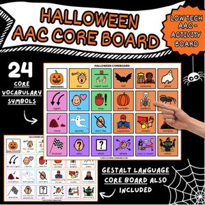 May include: A Halloween AAC core board featuring 24 colorful vocabulary symbols in a grid. The board includes illustrations of a pumpkin, ghost, bat, skeleton, and witch. Text labels accompany each icon, and a hand points to the skeleton symbol.