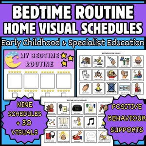 May include: A visual schedule for bedtime routines, featuring the text "Bedtime Routine Home Visual Schedules." Includes nine schedules and 30 visuals with illustrations of bedtime activities. The design incorporates a moon and stars.