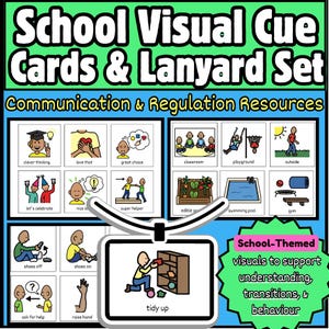 Könnte beinhalten: Ein Set aus visuellen Hinweis-Karten und einem Schlüsselband für die Schule. Die Karten zeigen farbenfrohe Illustrationen für Kommunikation und Regulierung, darunter "aufräumen", "Klassenzimmer" und "Spielplatz". Der Text auf den Karten lautet "School Visual Cue Cards & Lanyard Set."