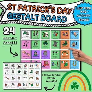 Op de afbeelding: St. Patrick's Day Gestalt Board met 24 zinnen. Het bord bevat kleurrijke illustraties en tekst, waaronder zinnen als 'Laten we dansen', 'Vind een klavertje vier' en 'Ik voel me gelukkig'. Ontworpen voor low-tech AAC-activiteit.