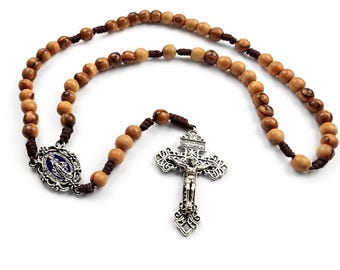 Handmade Catholic Rosary | Holy Land Olive Wood Beads | Brown Cord | Miraculous Medal Center