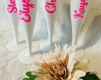 Personalise plastic champagne flutes, prom gifts, weddings etc
