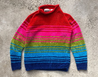 Vintage 90s Nevada Jeanswear Rainbow Striped Fleece Pullover Sweater