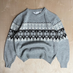 Vintage 90s K.P. Knitwear Knit Crewneck Sweater in Grey, Black & White / 90s Crewneck / Grandpa Sweater / Abstract Pattern