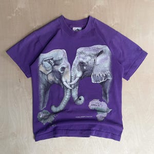 Vintage 90s Canadian Wildlife Federation Asian & African Elephant AOP Single Stitch Graphic T-Shirt / Nature Tee / Animal T-Shirt