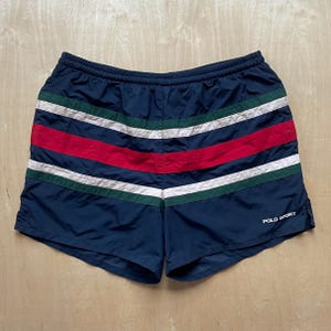 Vintage jaren 90 Ralph Lauren polo sportzwembroek in marineblauw met rode, groene en witte strepen / maat Large / vintage nylon short