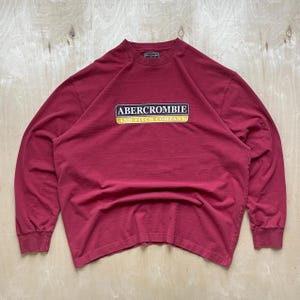 Vintage 1990s Abercrombie & Fitch Company Long Sleeve Graphic T-Shirt with Spell Out Box Logo in Maroon / Y2K Streetwear / Size XXL