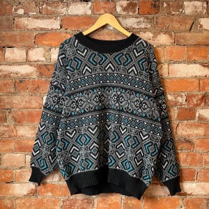 Vintage 90s Acrylic Knit Crewneck Sweater / 90s Crewneck / Grandpa Sweater / Ugly Sweater Party / Abstract Pattern