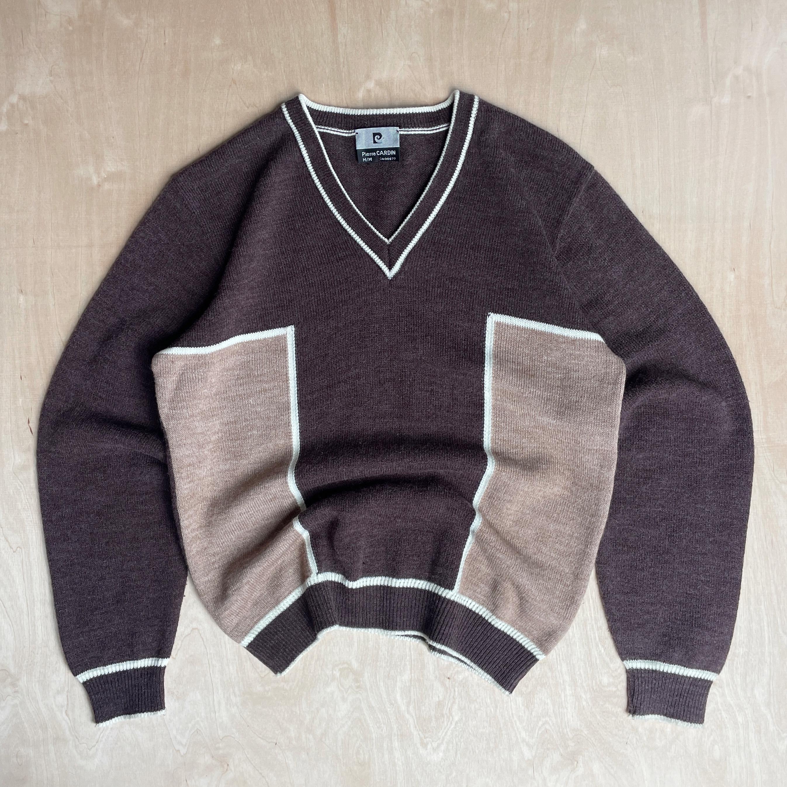 Vintage 90s Pierre Cardin Wool Blend Knit Sweater Colour Block V 