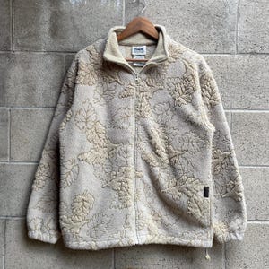 Vintage 90-tals Northern Reflections Cream Leaf Print Sherpa Fleecejacka med Dragkedja / Damstorlek Medium