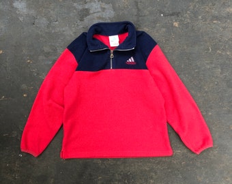 Vintage 90s Adidas Fleece Sweater 1/4 Zip Pullover w/ Embroidered Chest Logo - Youth Medium - Made in Taiwan