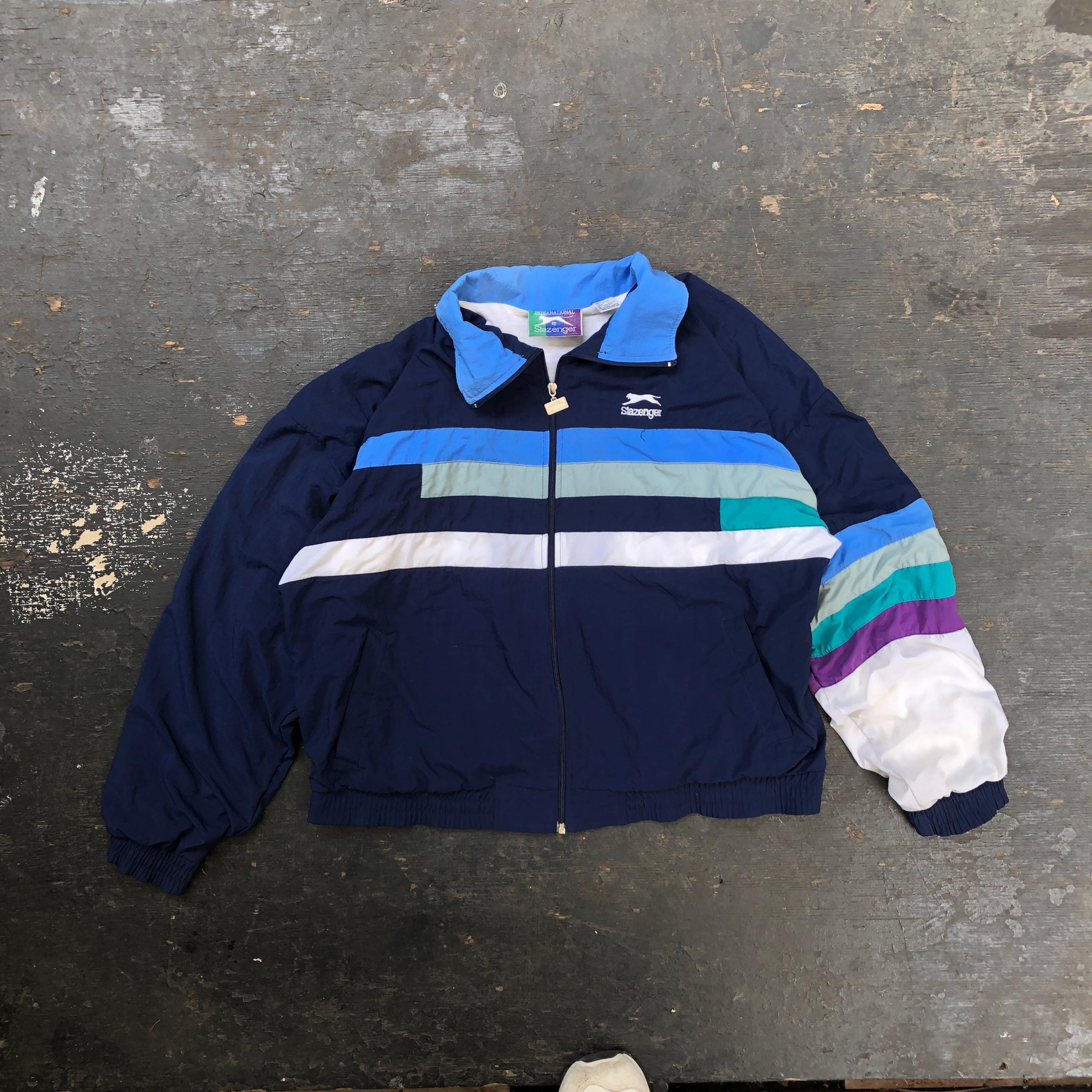 ◆SATUR◆ Leche two-tone zip-up jacket glitter retro blue SA Vintage 90s Slazenger Zip up Striped Track Jacket - Men's XL