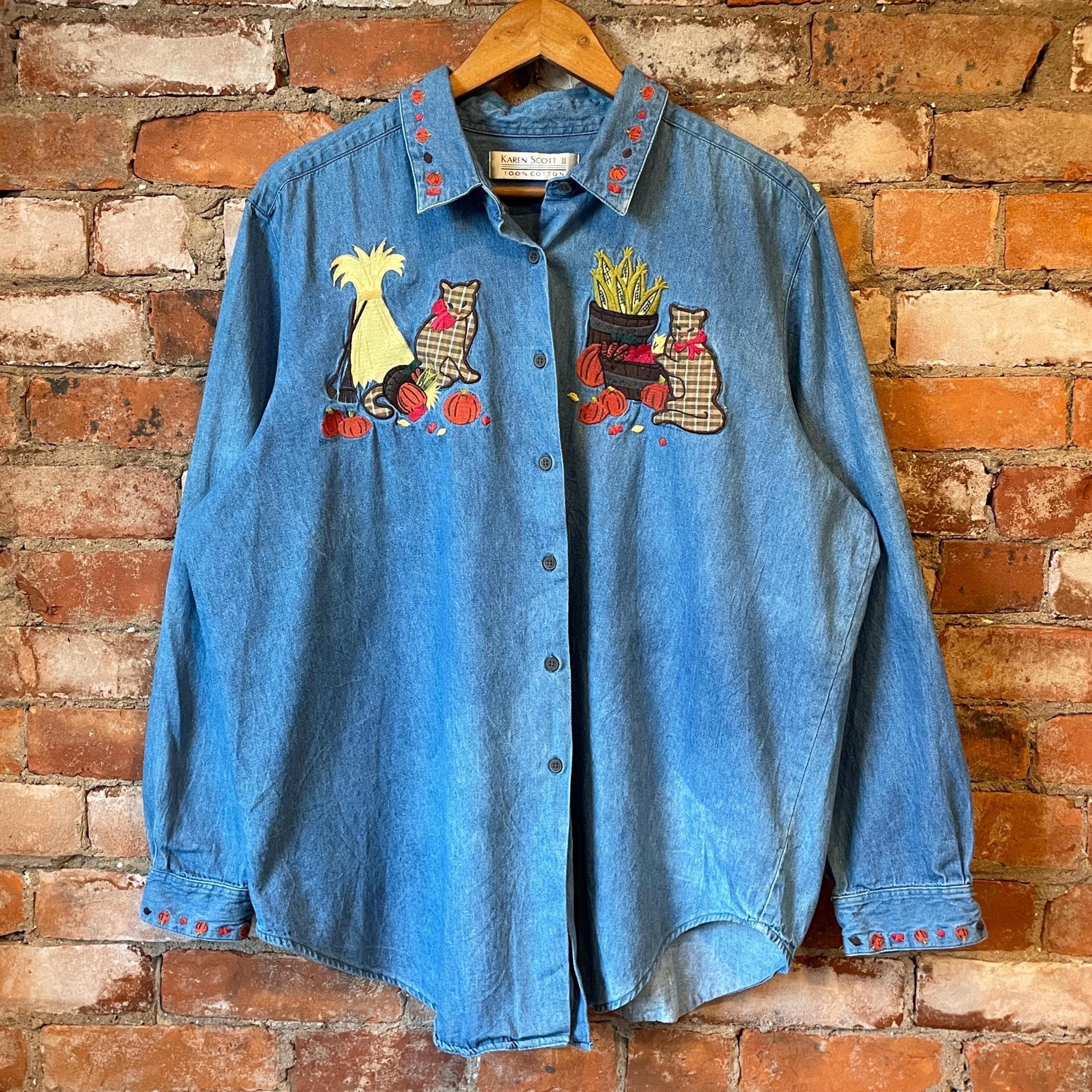 Vintage 90s Karen Scott Fall Denim Shirt / Size Women's 1X