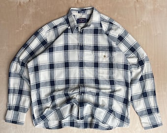 Camisa de flanela xadrez vintage T. Lipson dos anos 90 em azul marinho e branco / Fabricada em Hong Kong / Flanela vintage / Camisa xadrez dos anos 90